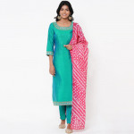 Women Sea Green & Pink Solid Kurti with Salwar & Dupatta