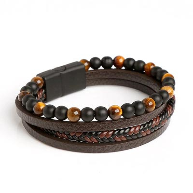 Men Brown & Yellow Leather Wraparound Bracelet