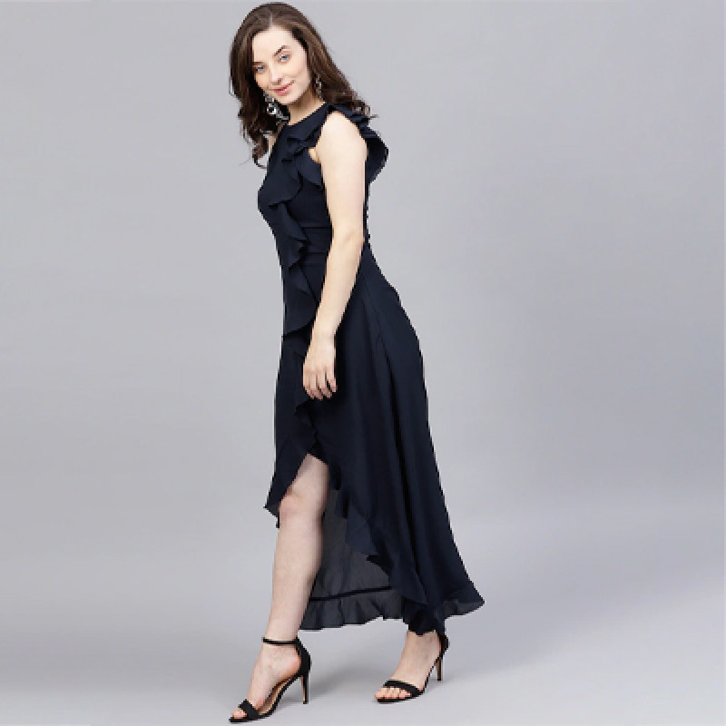 Navy Blue Ruffled Nautical Maxi Dress