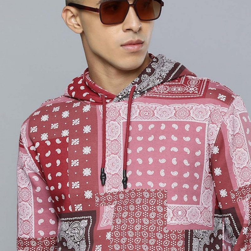 "Men Red & Pink Bohemian Printed Pure Cotton Hooded Sweatshirt "