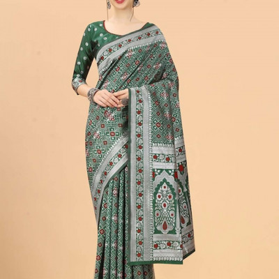 Green & Orange Woven Design Zari Silk Cotton Banarasi Saree