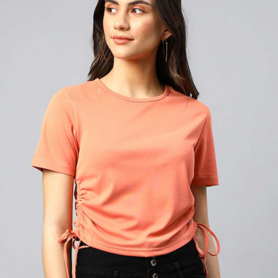 Peach Solid Round Neck Crop Side Tie Ups Top