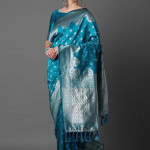 Blue & Silver-Coloured Ethnic Motifs Woven Design Silk Blend Banarasi Saree