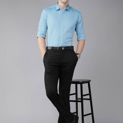 "Men Blue Solid Pure Cotton Slim Fit Formal Shirt "