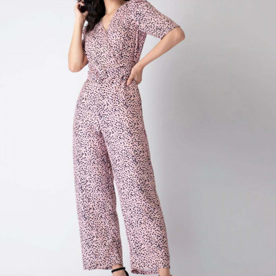 Women Pink & Black Printed Jumpsuit With Belt