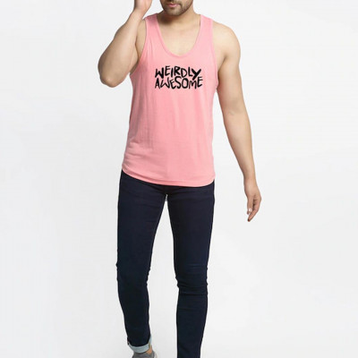 Men Coral-Pink Printed Pure Cotton Innerwear Gym Vest