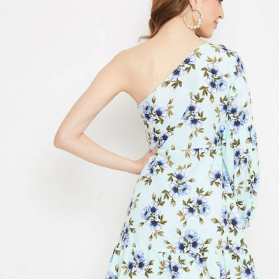 Women Green Floral One Shoulder Crepe Mini Dress